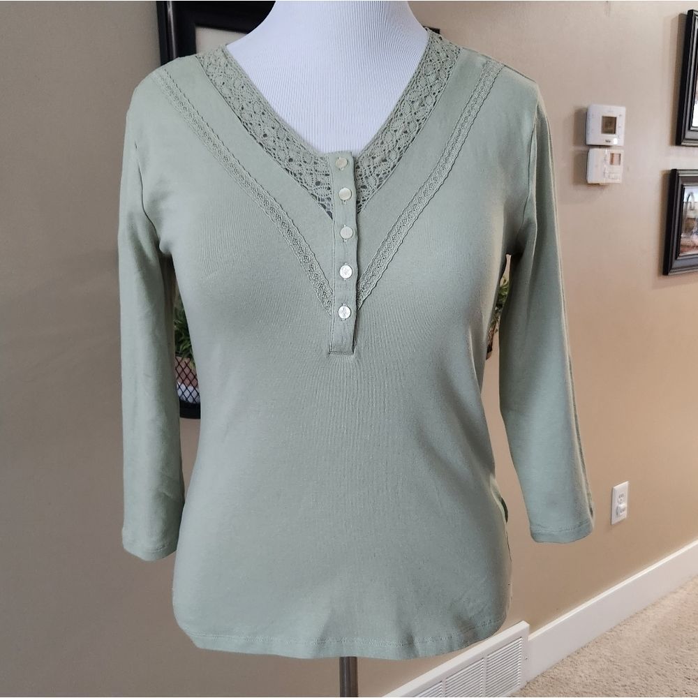 NWT Ralph Lauren lace trim Henley in Green sage.
